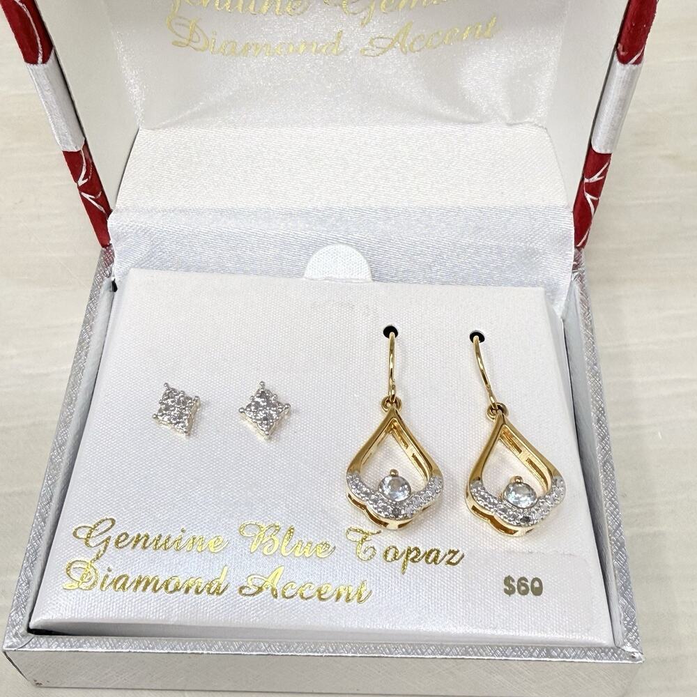 Two Pair PAJ BB China Blue Topaz and Diamond Accent Teardrop Dangle Earrings - Picture 5 of 8